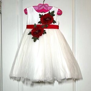 White Flower Girl Dress with Floral Sash Details, Size 4-5T, Tulle Style Dress